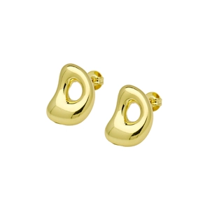 Close-up of golden balloon bubble initial earrings with irregular hollow design