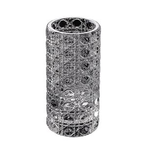 Modern cylinder glass candle holder with geometric diamond cut pattern for home decor