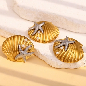 18K gold plated seashell earrings with silver starfish and white pearl accents