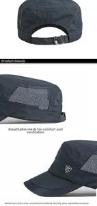 Detalle de gorra de secado rápido con malla transpirable, visera rígida y hebilla