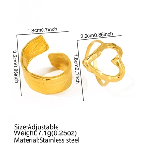 Detail view of 18K gold plated stainless steel hammered and heart adjustable rings