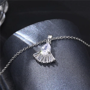 Silver fan-shaped copper pendant with zircon stone on stainless steel O-chain