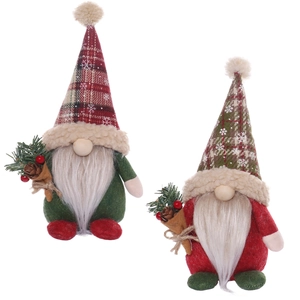Pair of Nordic Christmas gnomes with plaid hats holding pine needle bouquets on white background
