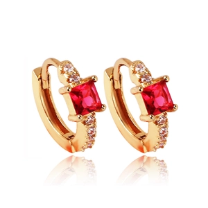 Gold-plated hoop earrings with vibrant red square crystals and small clear zircon stones