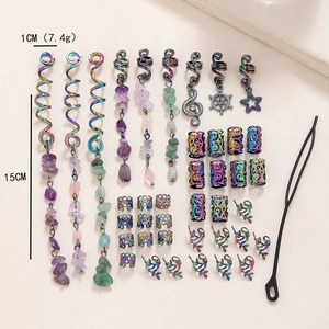 Detail view of dreadlock hair accessories set with natural stones and colorful metal rings