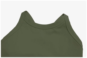 Detail of army green yoga tank top showing crew neck and reinforced double stitching