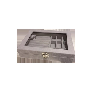 Gray velvet jewelry organizer box with clear glass lid and secure metal lock
