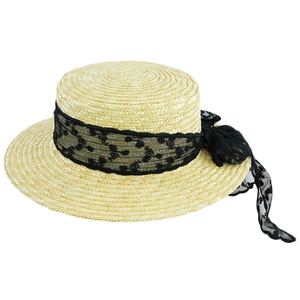 Elegant summer flat top straw hat with black lace bow decoration for sun protection