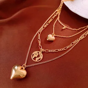 Multi-Layer Alloy Necklace With Heart And World Map Globe Pendants Gold Plated Retro Clavicle Chain For Women
