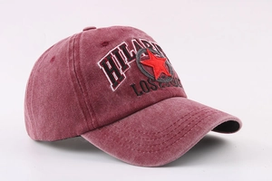 Detail of Hilarious Los Angeles embroidery on vintage washed cotton baseball cap