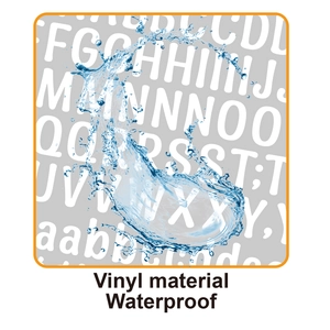 Waterproof vinyl alphabet stickers shown under splashing water for durability test