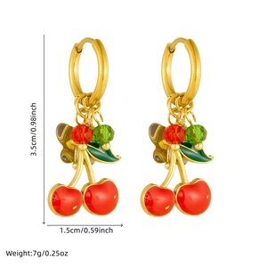 Gold plated cherry fruit earrings with colorful beads and brown butterfly pendant