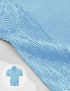 Macro shot of light blue textured knit fabric and classic collar design for men's polo shirt