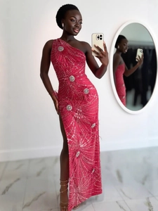 One-shoulder sequined evening dress in rose red with silver beads and high slit detail