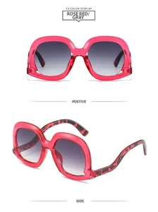Front and side views of rose red chunky sunglasses with gray gradient lenses