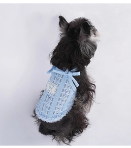 Détail du gilet en dentelle bleu clair pour chien avec patch Pretty Vibes et nœuds