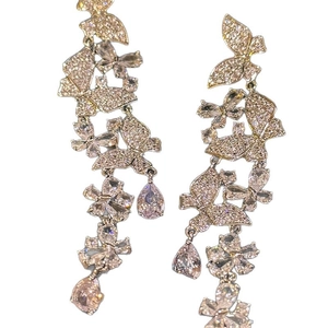 Sparkling butterfly tassel earrings with silver needle and pink crystal drops