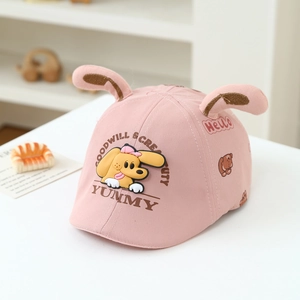 Detail of baby pink cotton cap with cartoon puppy patch and 3D decorative ears