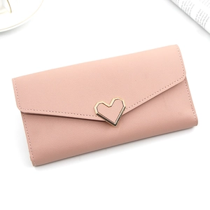Portefeuille long rose pour femme en similicuir avec boucle cœur dorée et rabat