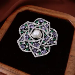 Retro Flower Brooch Pin Copper With Zircon Purple Green White Stones And Artificial Pearl Elegant Hollow Out Jewelry For Women