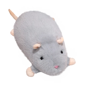 Cute gray plush hamster toy in a lying position with soft faux fur and pink ears