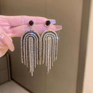Bohemian gold tassel earrings with sparkling crystals and black rhinestones for women