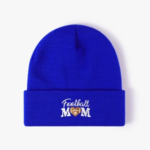 Royal blue Football MOM embroidered knit beanie hat with athletic heart design