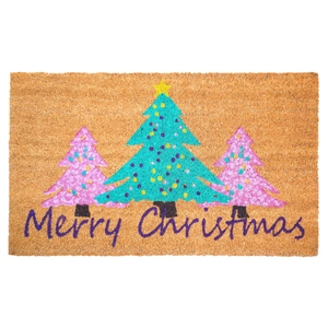 Detail of Christmas coir doormat with three festive trees and Merry Christmas text