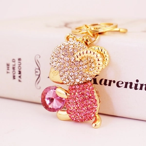 Cute golden sheep keychain with pink crystals and rhinestones for women's handbag decor