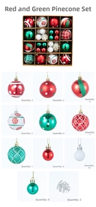 Detail view of red green and white Christmas ball set with pinecones for tree decoration