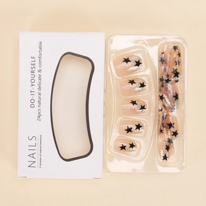 Short almond nude press-on nails with black stars and silver glitter, 24-piece set