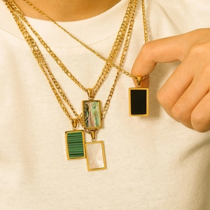 Gold-plated stainless steel necklaces with rectangular abalone shell and malachite pendants