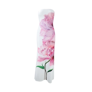 Detailed close-up of pink floral prints on a white strapless slim fit maxi dress