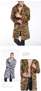 Close-up of luxury tiger pattern faux fur coat with lapels and double-breasted buttons