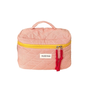Quilted pink and white checkered makeup bag with yellow zipper and red knot puller