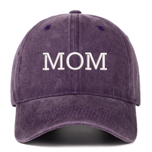 Close-up of white MOM embroidery on vintage washed cotton purple baseball cap