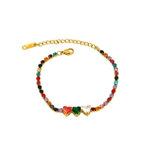 Bracelet tennis en acier titane doré avec pierres de zircon multicolores en cœur