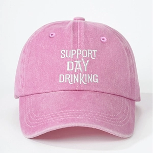 Vintage washed pink cotton baseball cap with Support Day Drinking white embroidery