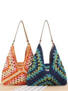 Large Capacity Hobo Bag Paper Rope Crochet Woven Geometric Patchwork Bohemian Style For Women Vacation Beach Daily Casual
