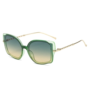Fashion cat-eye sunglasses with green frame, gradient lenses and gold twisted metal temples