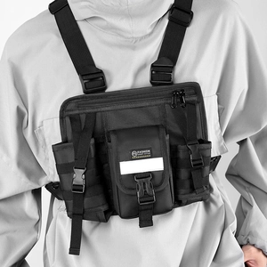 Detail of waterproof black tactical chest bag showing MOLLE webbing and reflective strip