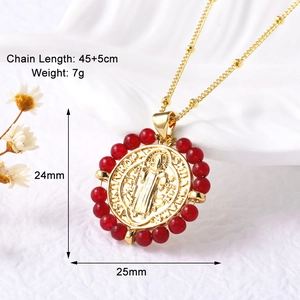 Collar medalla San Benito con cuentas rojas, cadena oro 45+5cm, colgante de 24x25mm de alto