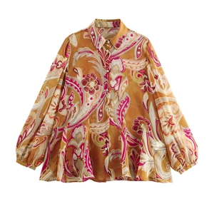 Women Paisley Print Chiffon Blouse Long Lantern Sleeve Button Down Vintage Ethnic Loose Shirt Pleated Hem Polo Collar