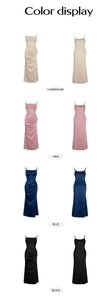 Détails de la robe de soirée en satin en couleurs champagne, rose, bleu et noir