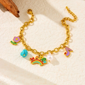 Colorful rainbow charm bracelet with happy letters and purple flower on gold chain