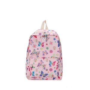 Vista dettagliata dello zaino rosa con stampe colorate di farfalle e fiori