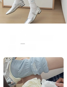 Close-up of soft knit slouch socks with bow details and stylish metallic Mary Jane shoes