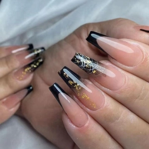 Long Coffin Press On Nails French Black Nude Ombre With Gold Foil Glitter Artistic White Lines For Women DIY Manicure