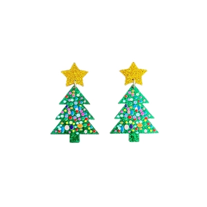 Macro detail of green Christmas tree earring with gold star and multi-color glitter dots
