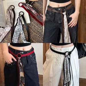 Women Narrow Leather Belt With Paisley Print Scarf Vintage Decorative Waist Strap For Jeans Accessory